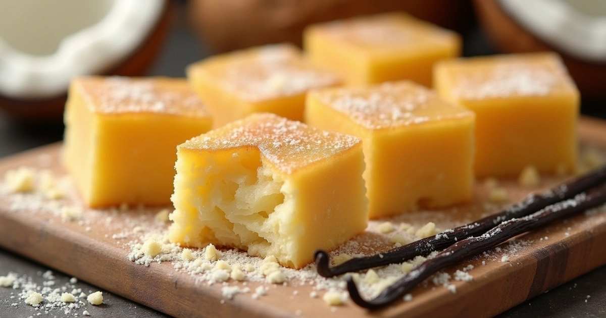 Golden butter mochi squares with chewy texture