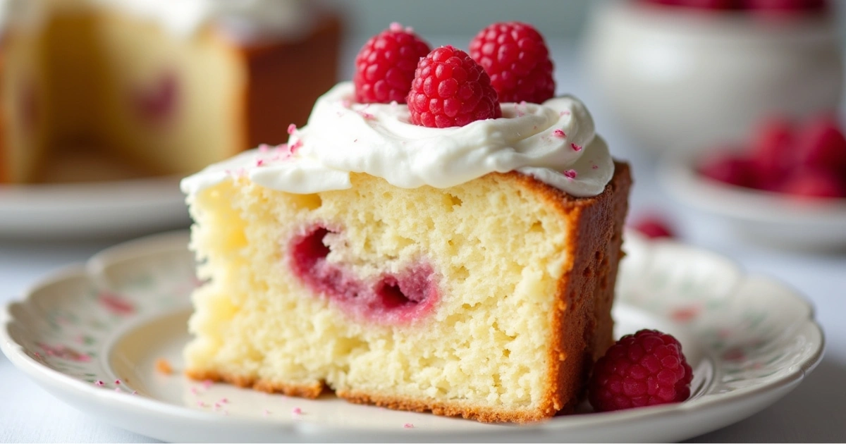 Slice of buttermilk pound cake with raspberries