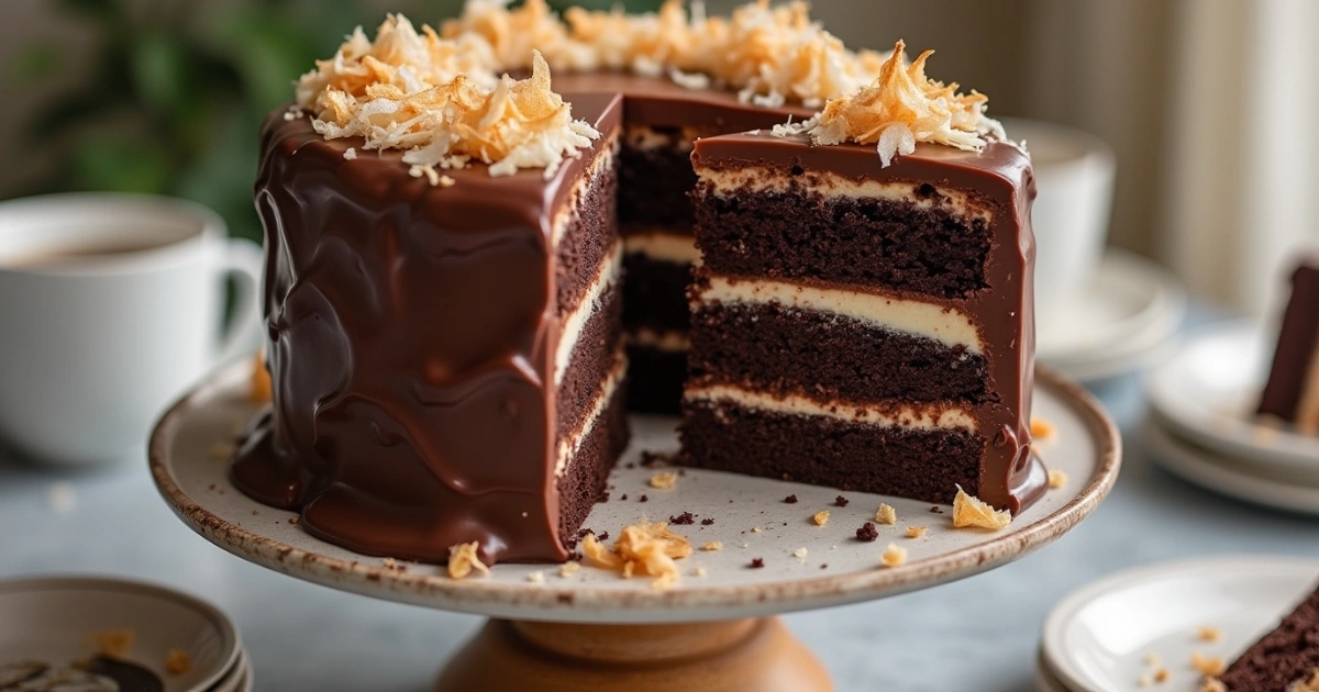 Sliced Mounds cake on elegant cake stand