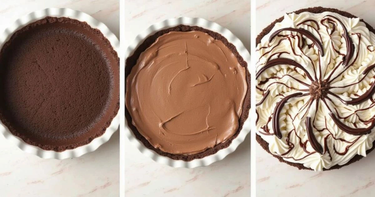 Three stages of making mud pie from crust to final decoration