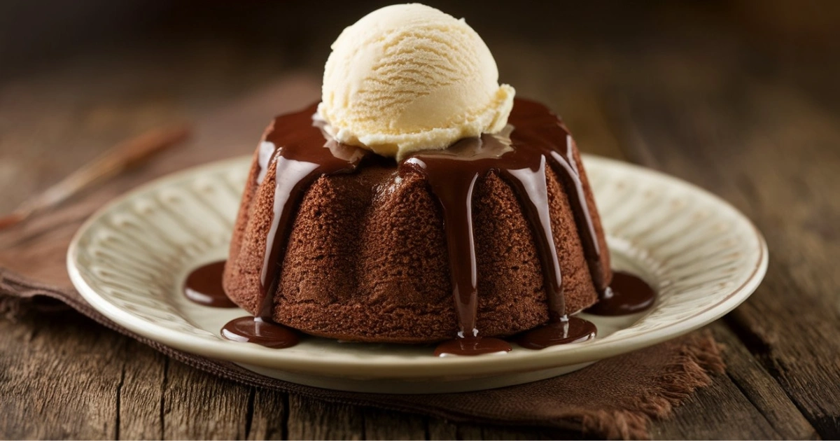 Decadent chocolate pudding cake with melting ice cream