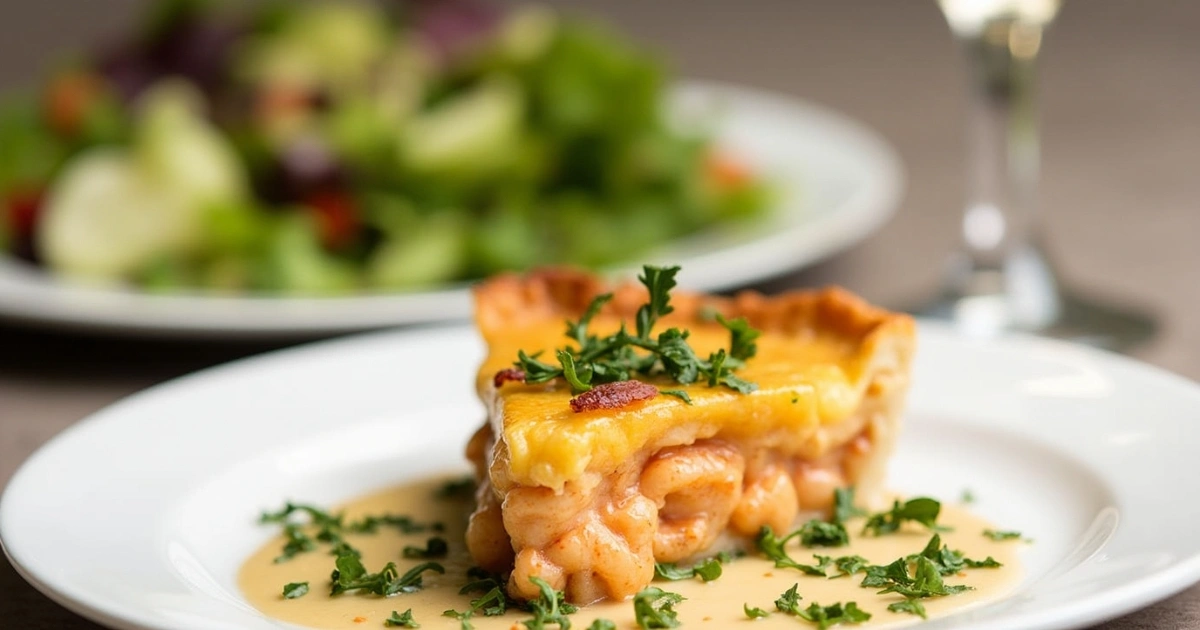 Elegant crawfish pie slice with wine pairing