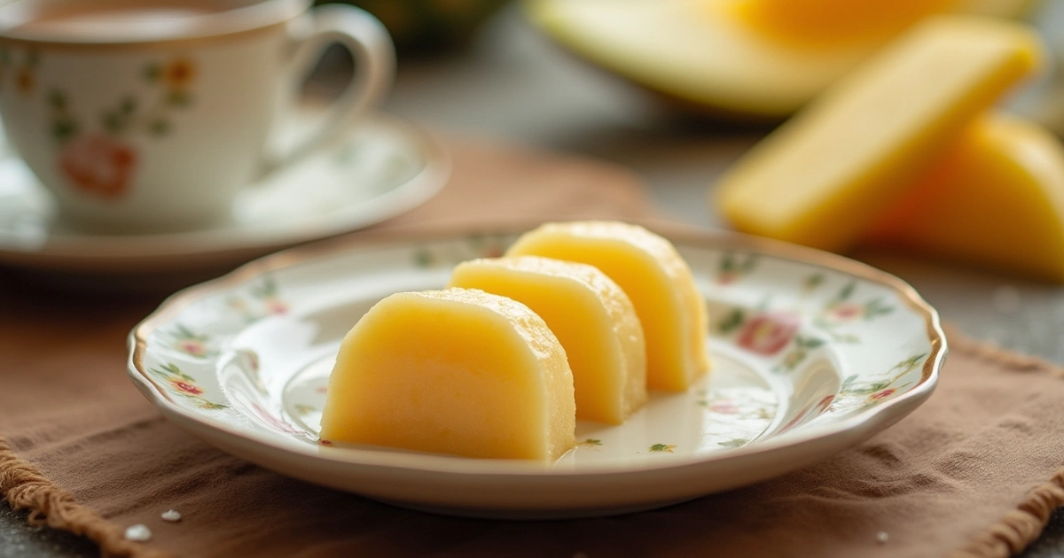 Elegant butter mochi plating with tea and fruit