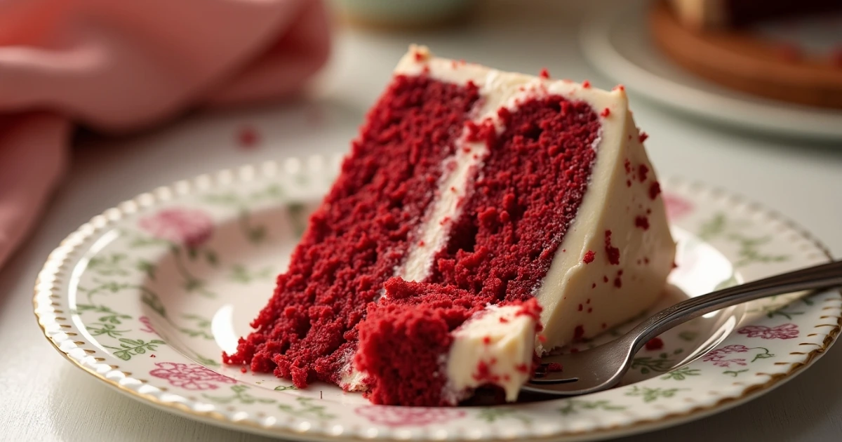 Red velvet cake slice with fork on decorative plate