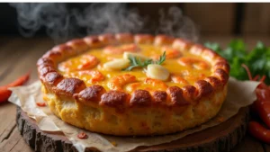 Golden crawfish pie on rustic wooden table