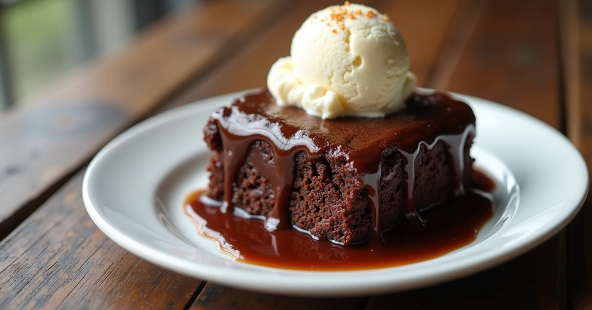 Decadent chocolate pudding cake with melting ice cream