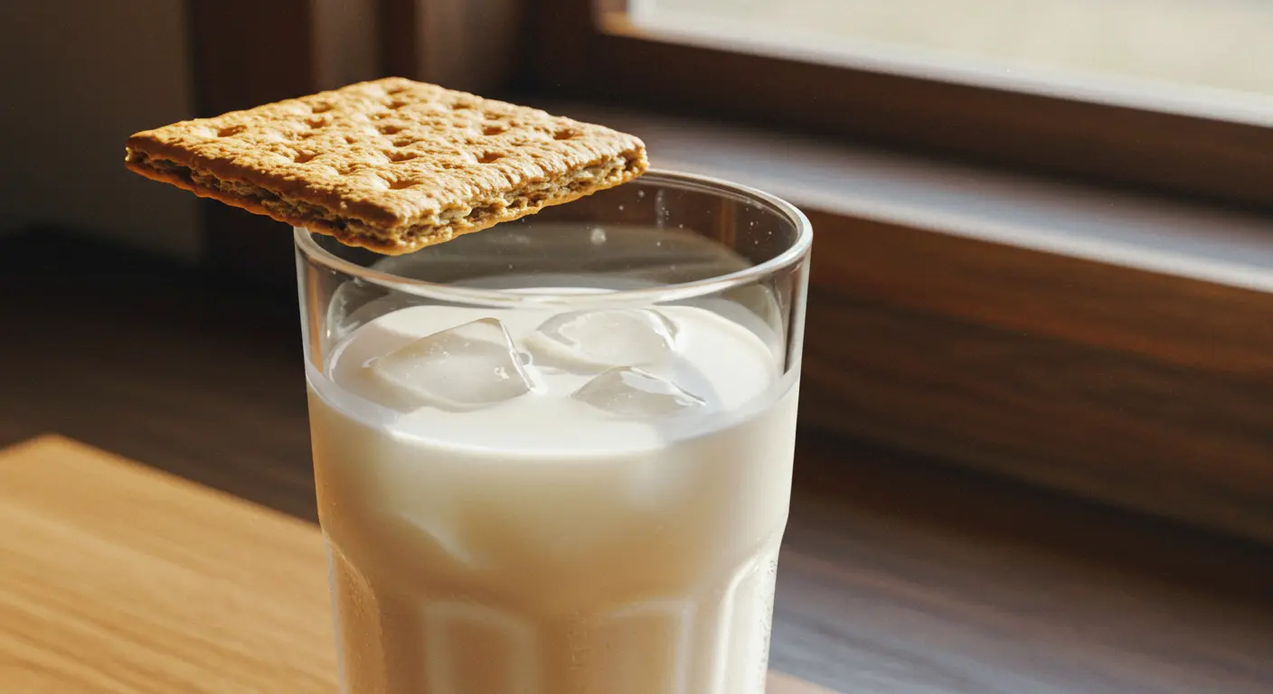 Graham cookie resting on a glass of milk.