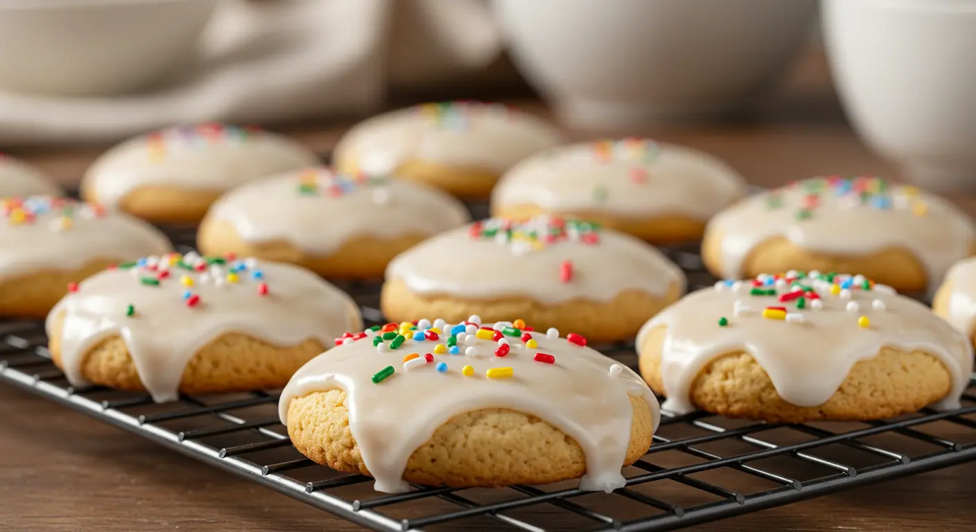 Freshly glazed Italian anise cookies cooling on a wire rack.