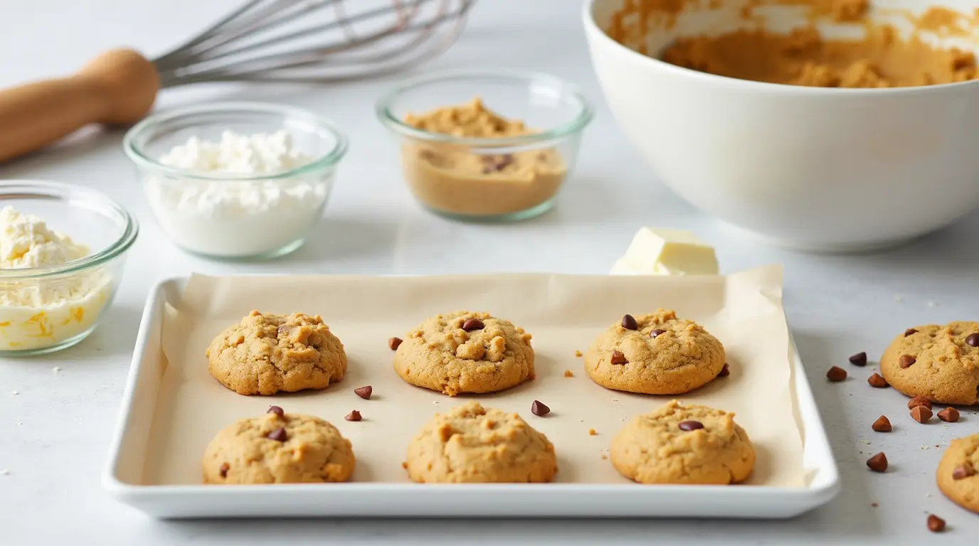 Fresh cookies with measured dairy-free baking ingredients