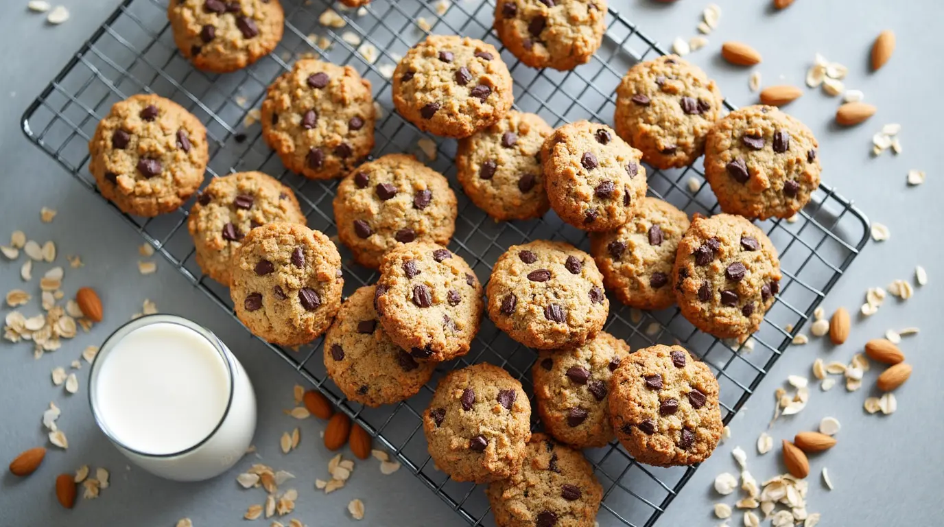 Various dairy-free cookies on rack with oat milk and nuts