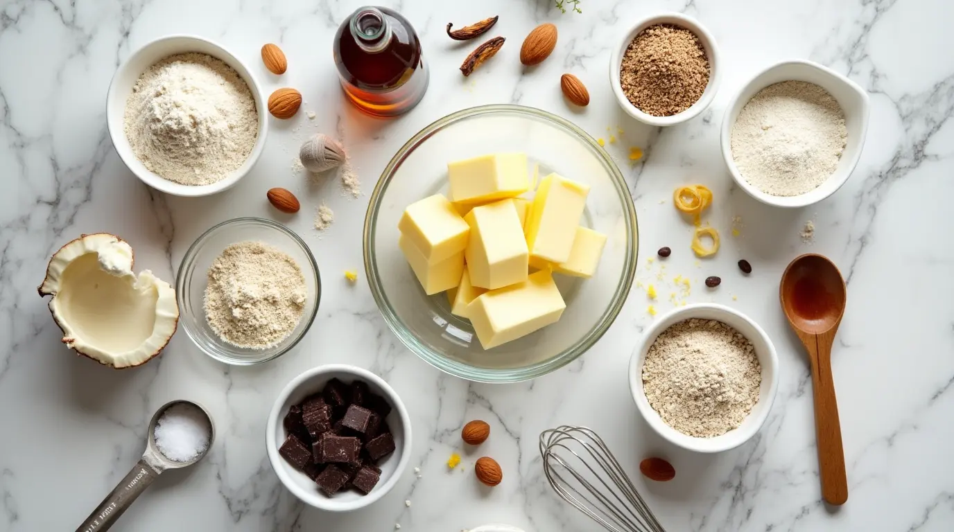 Overhead view of arranged dairy-free baking ingredients