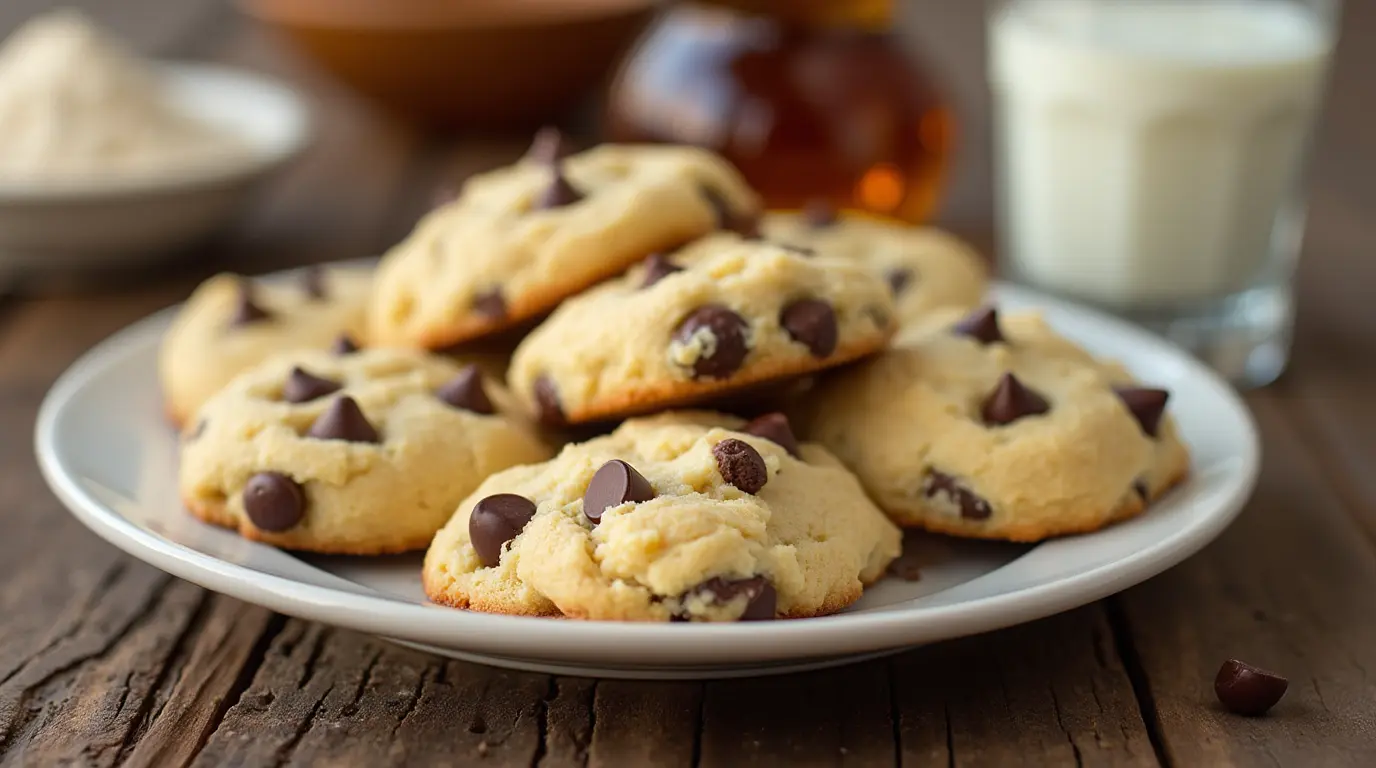 Plate of golden cottage cheese cookies with chocolate chips