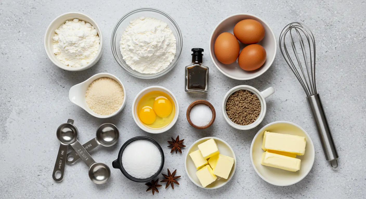 Flat lay of ingredients for anise cookies on a kitchen surface.