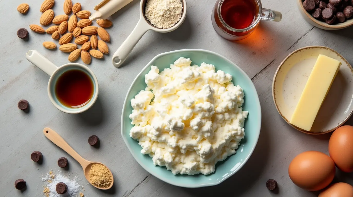 Flat lay of ingredients for cottage cheese cookies