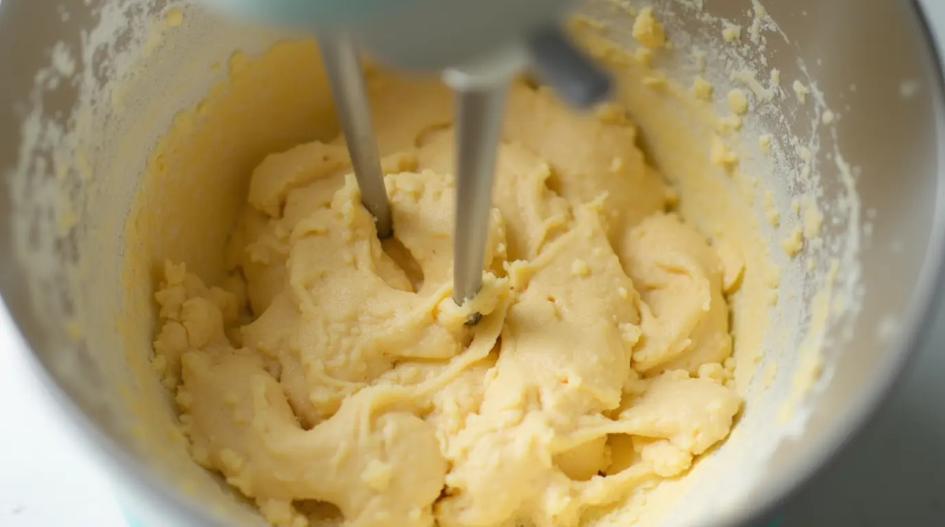 Close-up of dough in a mixing bowl with eggs and anise.