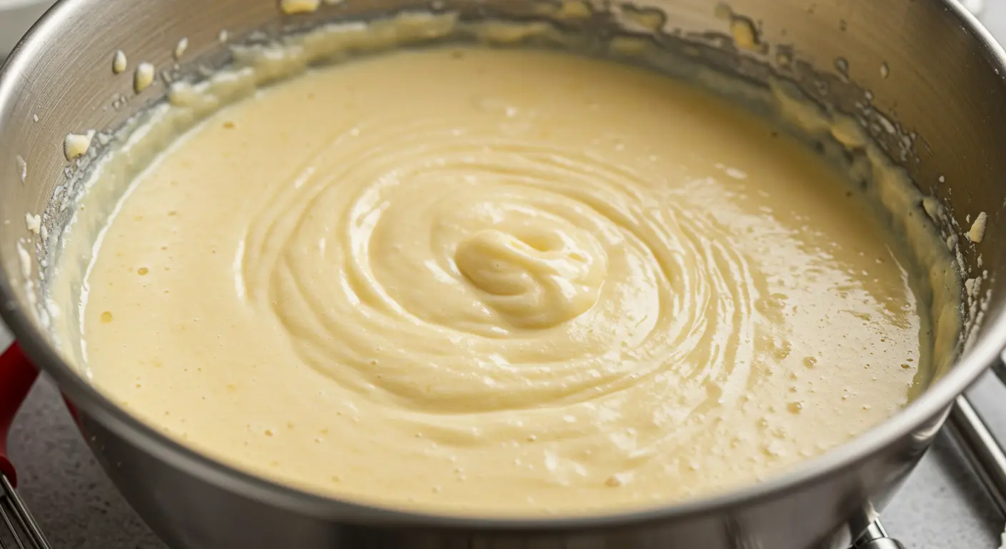 fluffy cake batter in a mixing bowl